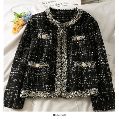 Tweed Plaid loose top women's autumn round neck long sleeve bright silk wool coat  2090