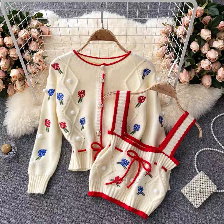 Knit cardigan, vintage, embroider flower, loose long sleeve sweater, short paragraph spaghetti strap top, sweet two sets 1339