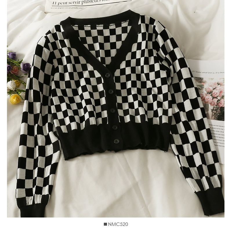 Plaid short single breasted long sleeved cardigan  1855