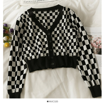 Plaid short single breasted long sleeved cardigan  1855