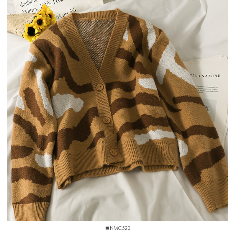 New leopard print short single breasted long sleeved cardigan  1851