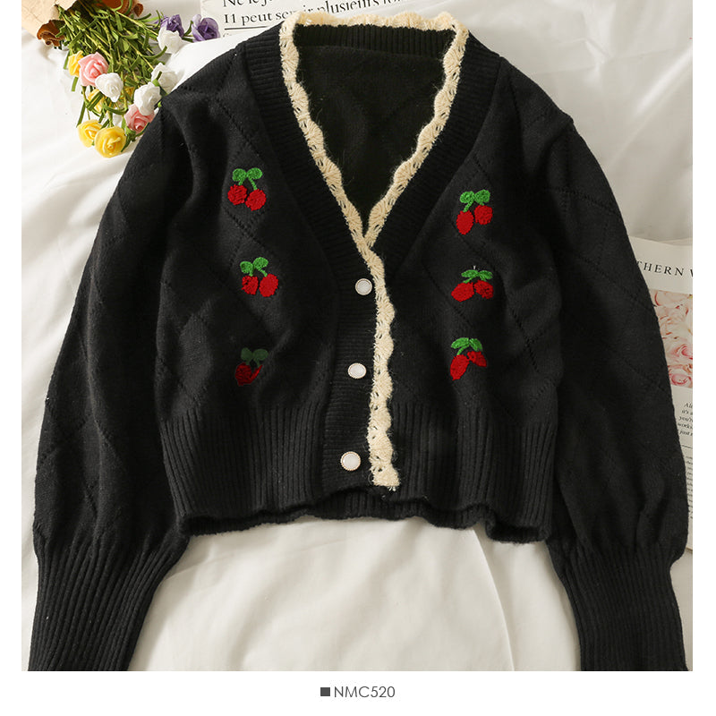 Cherry embroidered diamond check wavy edge sweater  1748