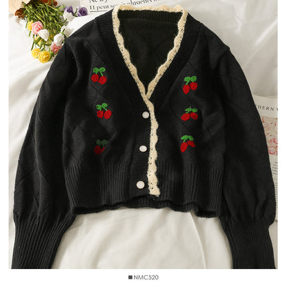 Cherry embroidered diamond check wavy edge sweater  1748