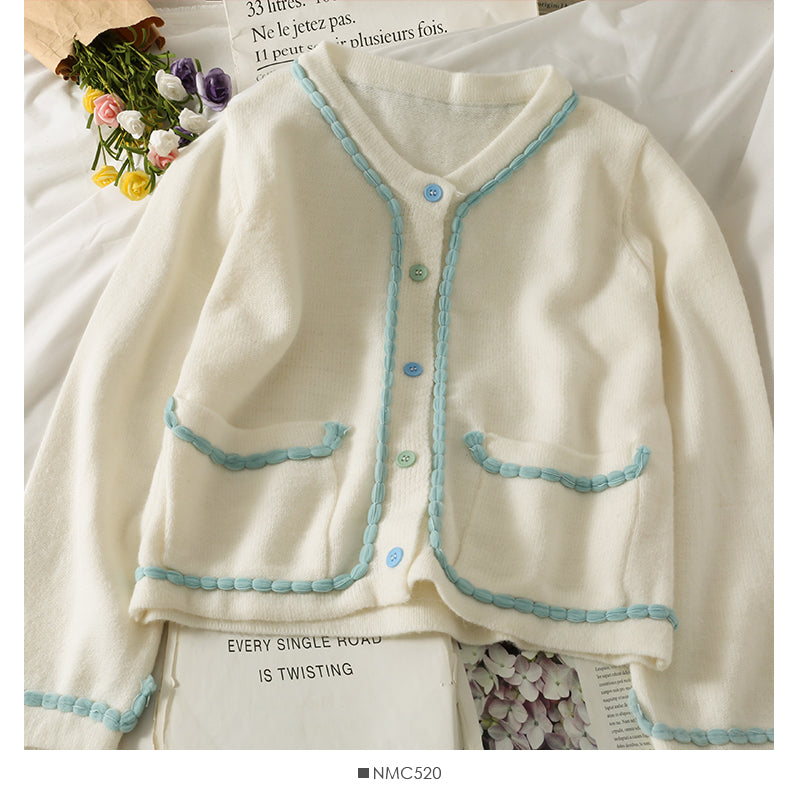 Sweet little fresh stripe single breasted crew neck thin sweater  1810