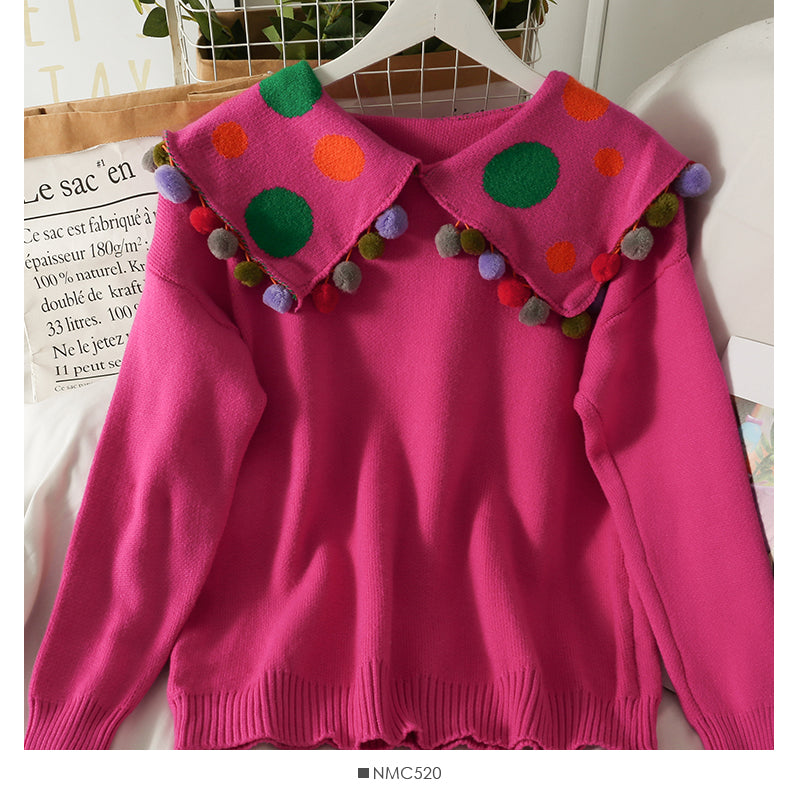 Versatile wool ball decorative doll neck long sleeve women's sweater  1930