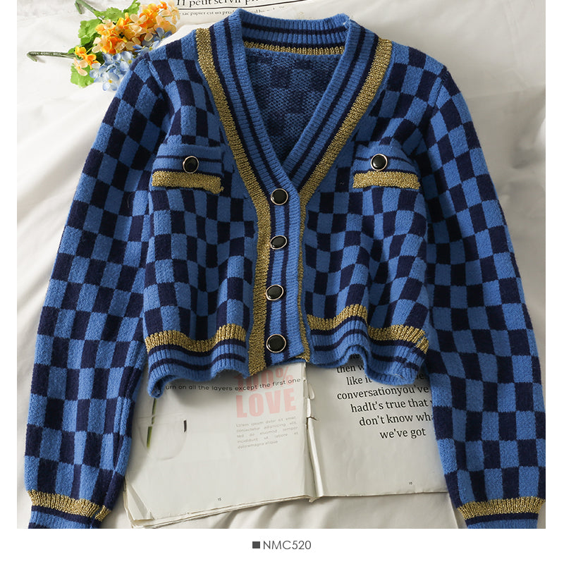 Plaid three button low neck cardigan women's sweater  1845