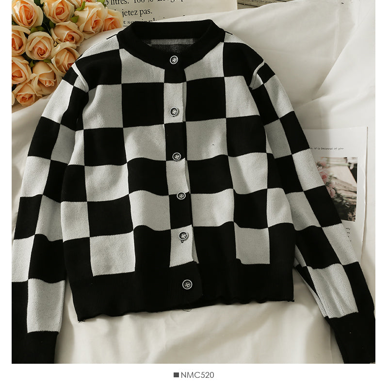 Color contrast check Crew Neck Long Sleeve loose sweater women's new single breasted cardigan sweater  1967
