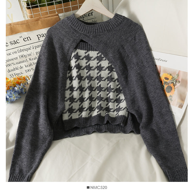 Irregular design loose knit with short plaid suspender inside  1750