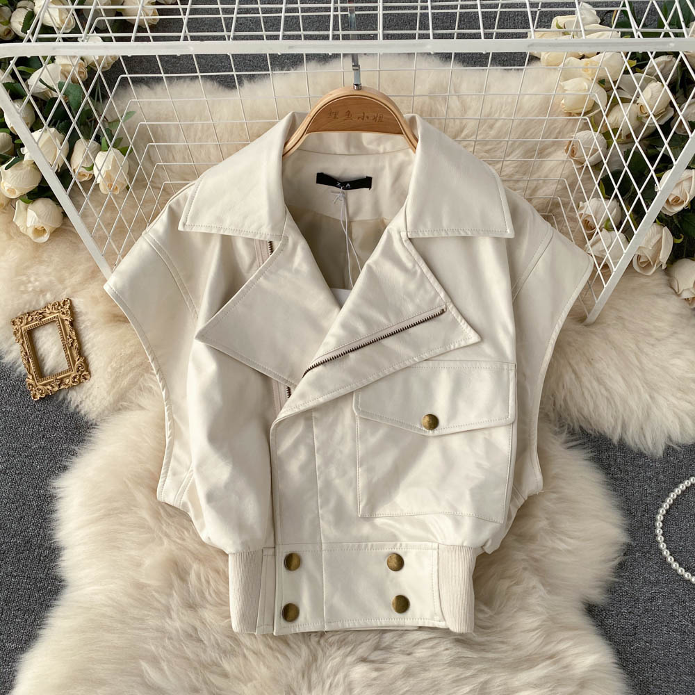 Lapel short motorcycle leather jacket waistcoat  1532