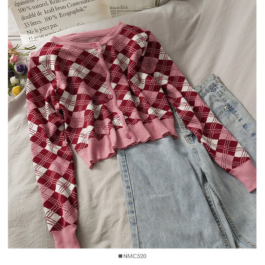 Hong Kong Vintage diamond check single breasted sweater top  1894