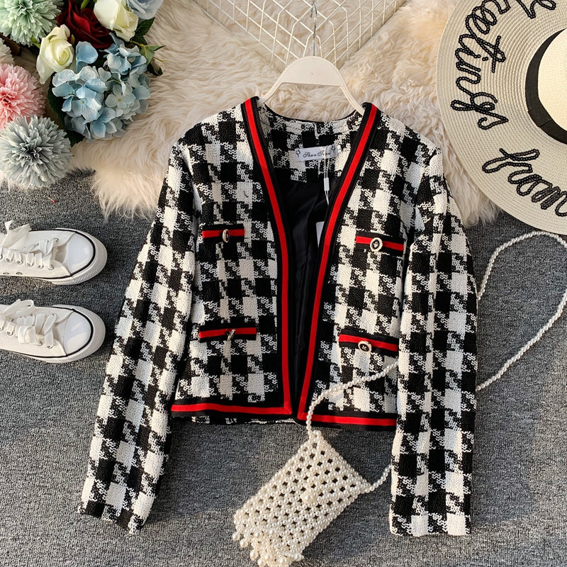 Small fragrant clothes contrast color thousand bird lattice short suit coat  1638