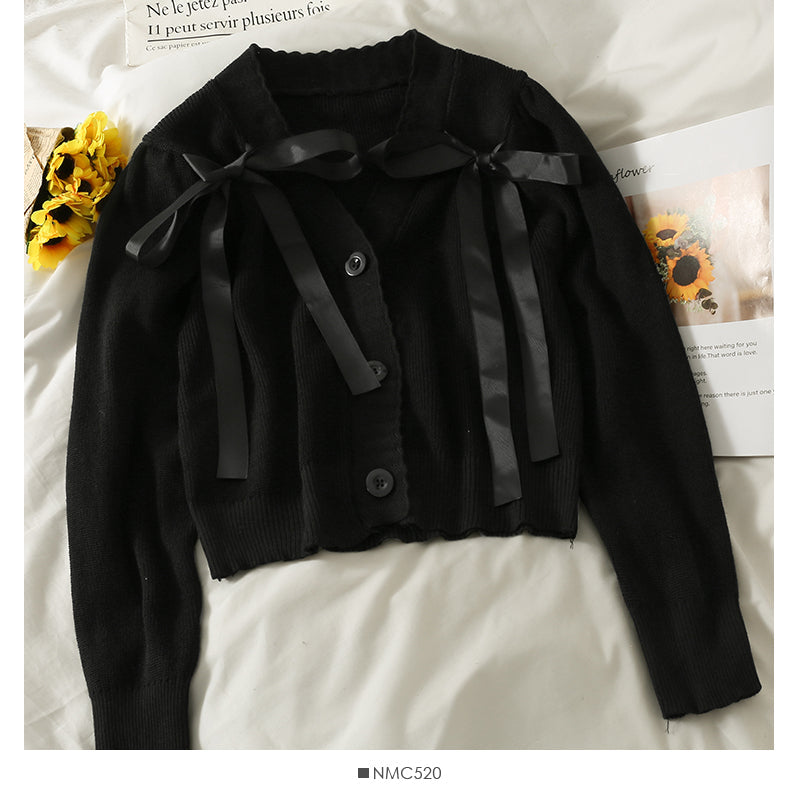 Korean bow tie short single breasted sweater for women  1945