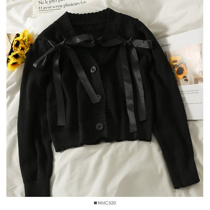 Korean bow tie short single breasted sweater for women  1945