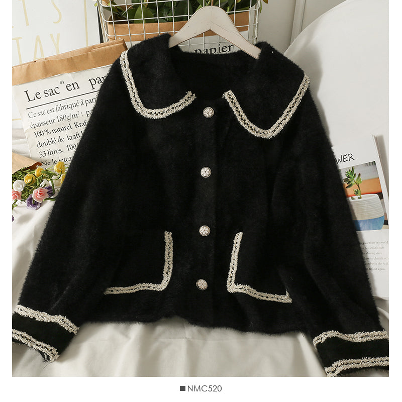 Winter bright silk bonded Plush sweater women's loose and thin doll collar coat  2021