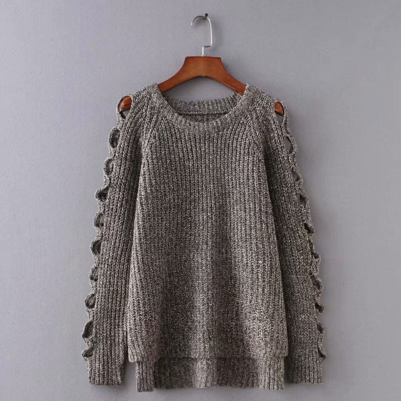 New autumn and winter pullover hollow out solid color thickened loose sweater and sweater  1373