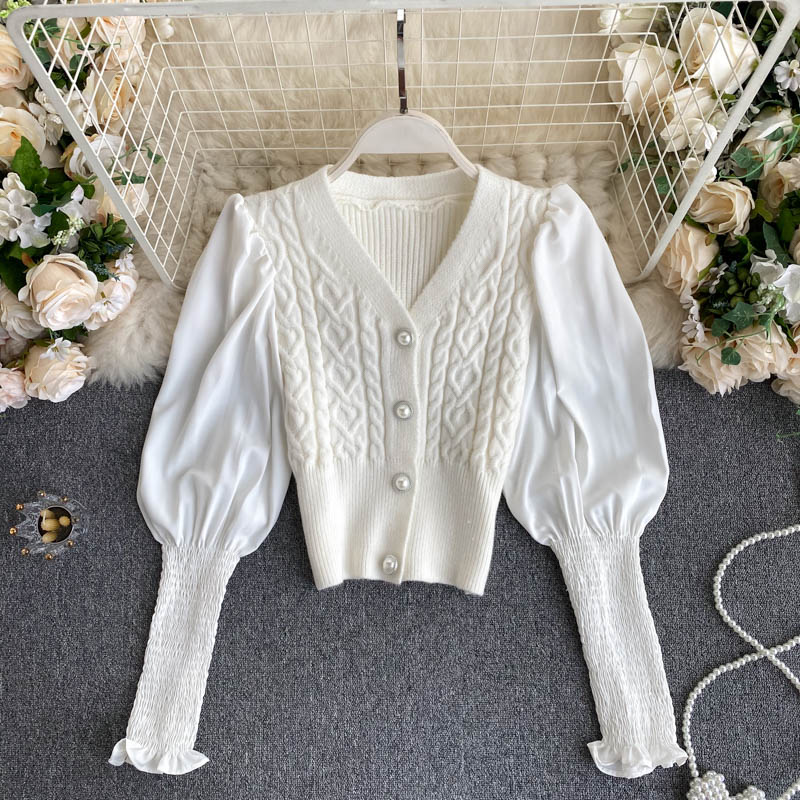 Minority lamb leg sleeve long sleeve stitched Vintage twist knitted cardigan top  1575