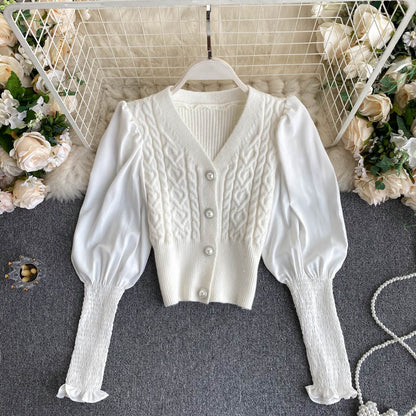 Minority lamb leg sleeve long sleeve stitched Vintage twist knitted cardigan top  1575
