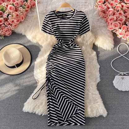 Slim fit waist closing casual side drawcord knee slit stripe dress  1686