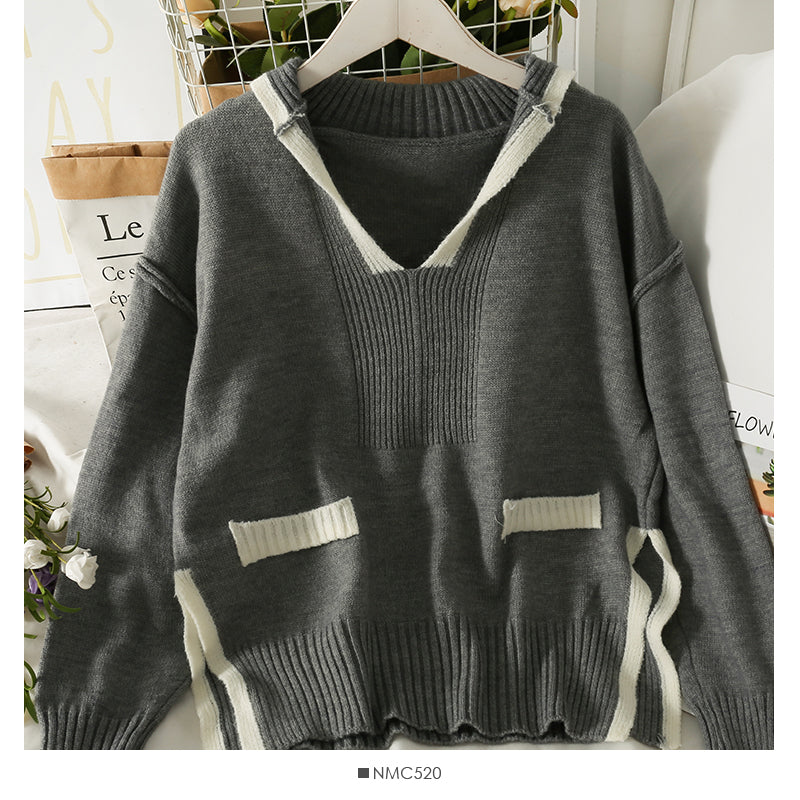 Korean color blocking stripe split loose thin V-Neck Sweater female  2000