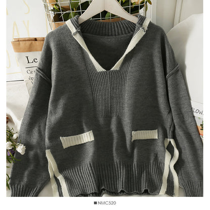 Korean color blocking stripe split loose thin V-Neck Sweater female  2000
