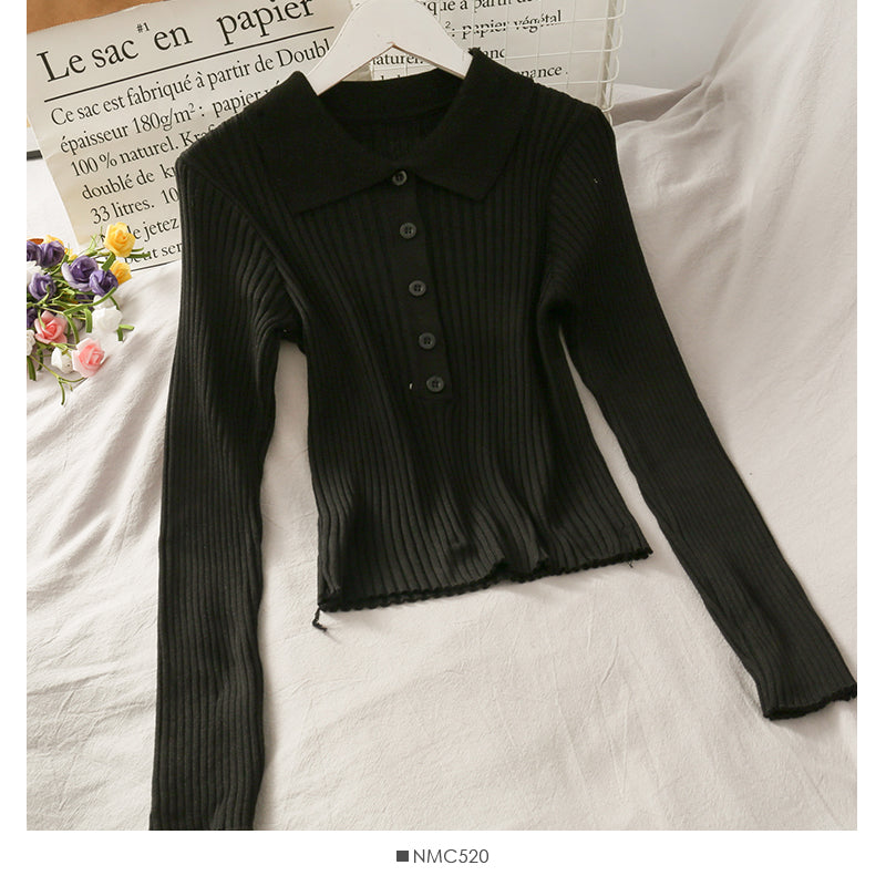 Korean solid color versatile breasted Lapel tight knit women's shirt  1842