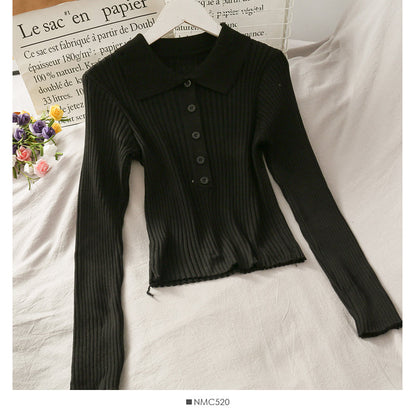 Korean solid color versatile breasted Lapel tight knit women's shirt  1842