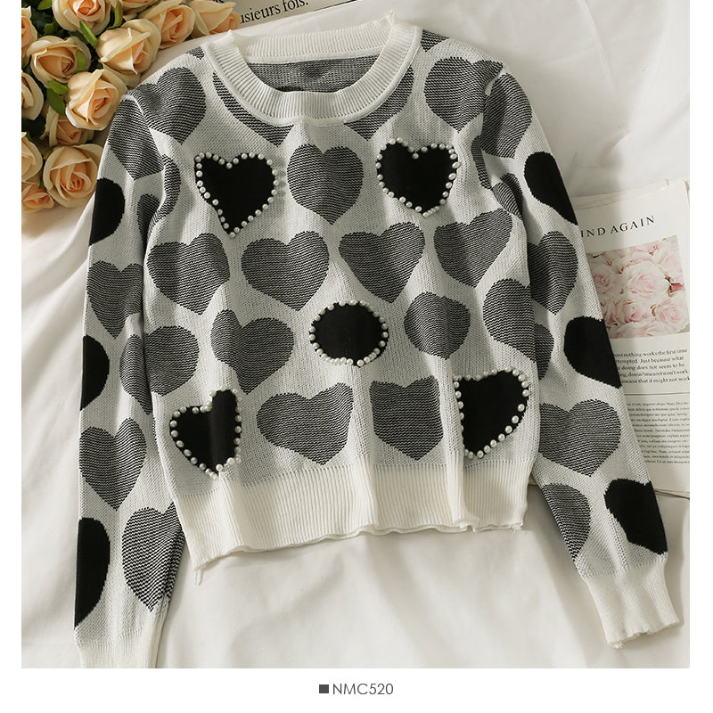 Sweet wind nail pearl heart print sweater for women  1839