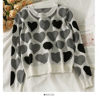 Sweet wind nail pearl heart print sweater for women  1839