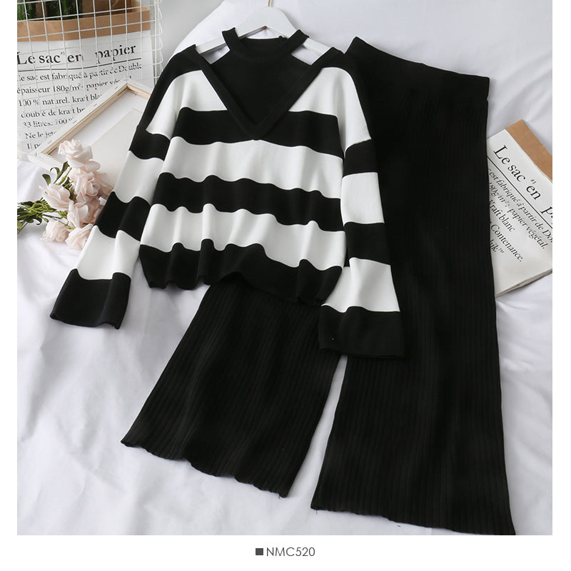 Hanging neck fake two-piece Sweater Top + high waist hanging wide leg pants  1728