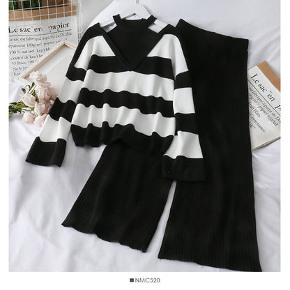 Hanging neck fake two-piece Sweater Top + high waist hanging wide leg pants  1728