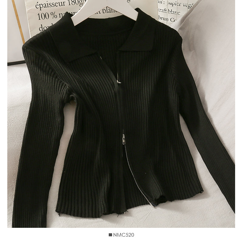 Personalized double zipper tight vertical stripe long sleeve knit  1777