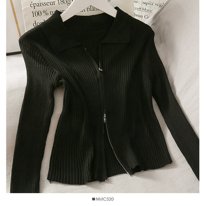 Personalized double zipper tight vertical stripe long sleeve knit  1777