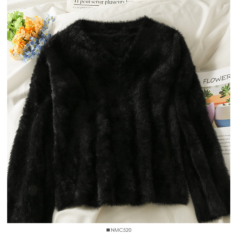 Plush loose thin V-Neck Sweater Korean versatile long sleeve Pullover Top  1995