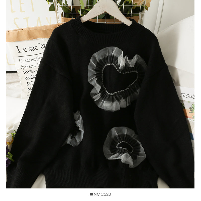 Mesh stitched heart-shaped loose thin medium length sweater for women  1959