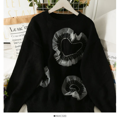 Mesh stitched heart-shaped loose thin medium length sweater for women  1959