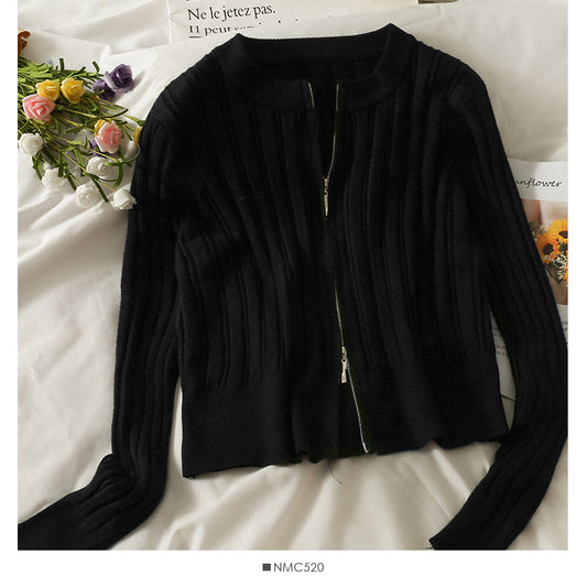 Slim vertical stripe crew neck short Zip Cardigan Sweater  1876