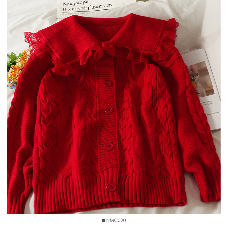 Sweet wind lace stitched wooden ear edge baby collar sweater  1900