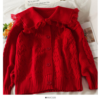 Sweet wind lace stitched wooden ear edge baby collar sweater  1900