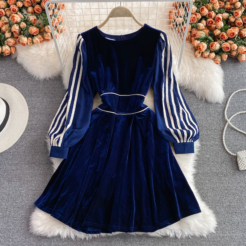 Quality waist stripe long sleeve fake two piece velvet dress  3229