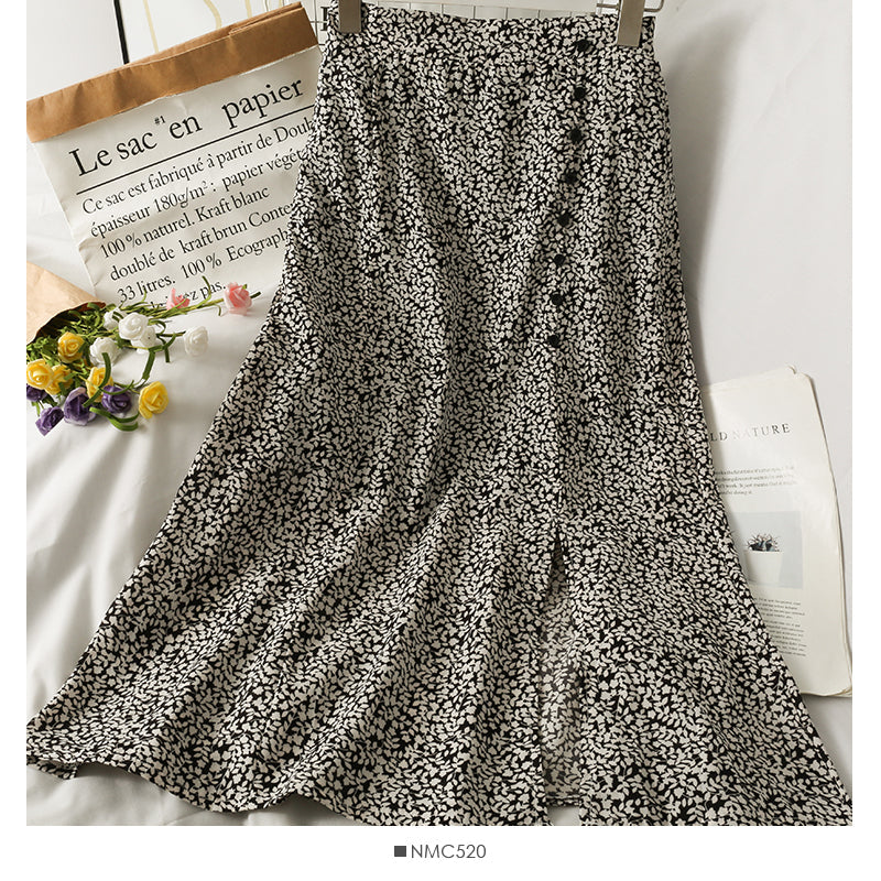 Retro High Waist slim breasted floral medium length skirt  2575