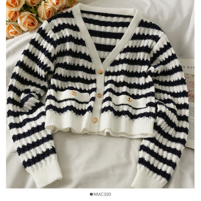 Striped loose thin single breasted cardigan long sleeved sweater  1850