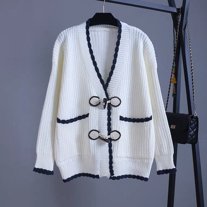 Cardigan, loose, horn-buttoned sweater top  1402