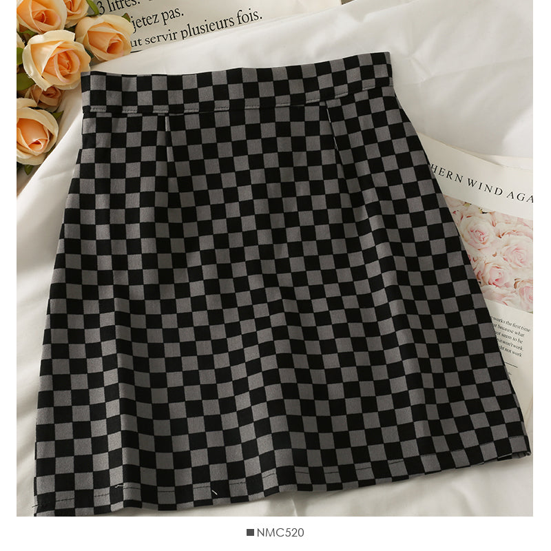 New Vintage Plaid high waist slim A-line skirt for women  2482