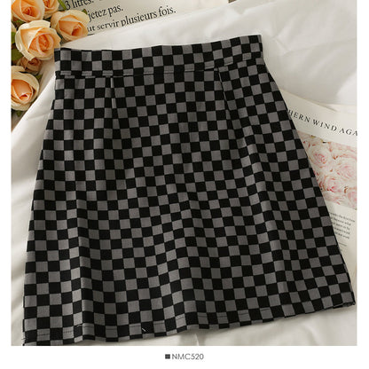New Vintage Plaid high waist slim A-line skirt for women  2482