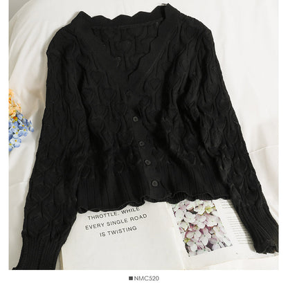 Heart shaped Plaid hollowed out wave edge long sleeve sweater for women  1759