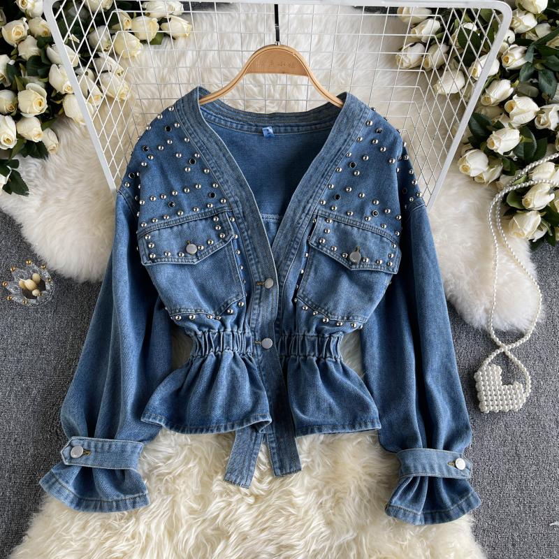 Waistband V-neck heavy industrial nail bead diamond design sense of minority denim jacket  1490