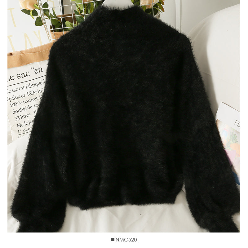 Sweater female Plush high neck slim fit solid color versatile long sleeve top  1764
