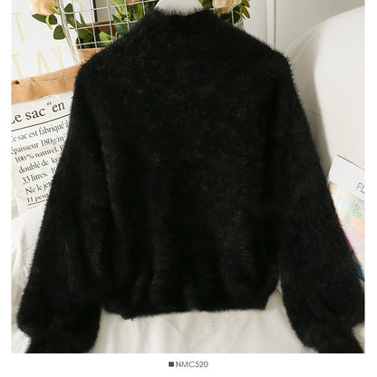 Sweater female Plush high neck slim fit solid color versatile long sleeve top  1764