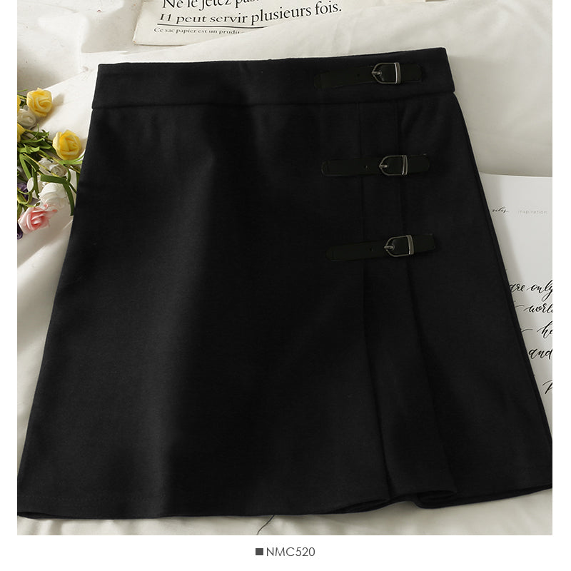 Multi panel buckle high waist slim A-line skirt  2578