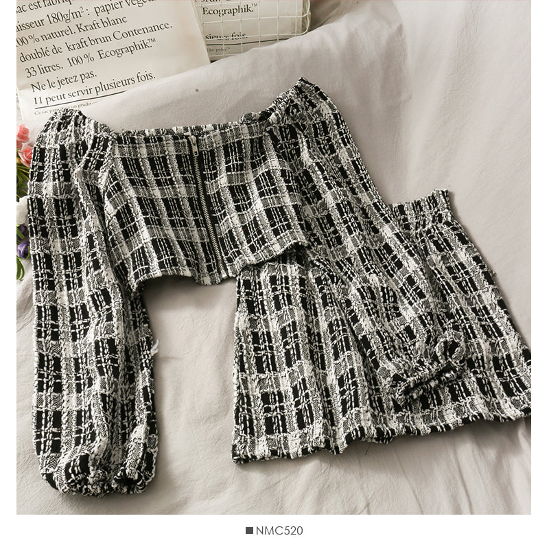 Short open navel bubble long sleeve top Plaid high waist skirt  2518